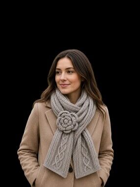 NWT Mud Pie Floral Applique Cable Knit Bag Lady Scarf Taupe